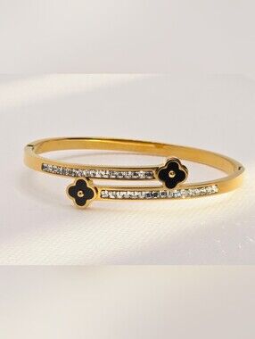 Gold Clover & Crystal Bangle Bracelet